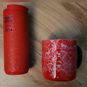 Starbucks red fox mug and matching red insulated tumbler- new